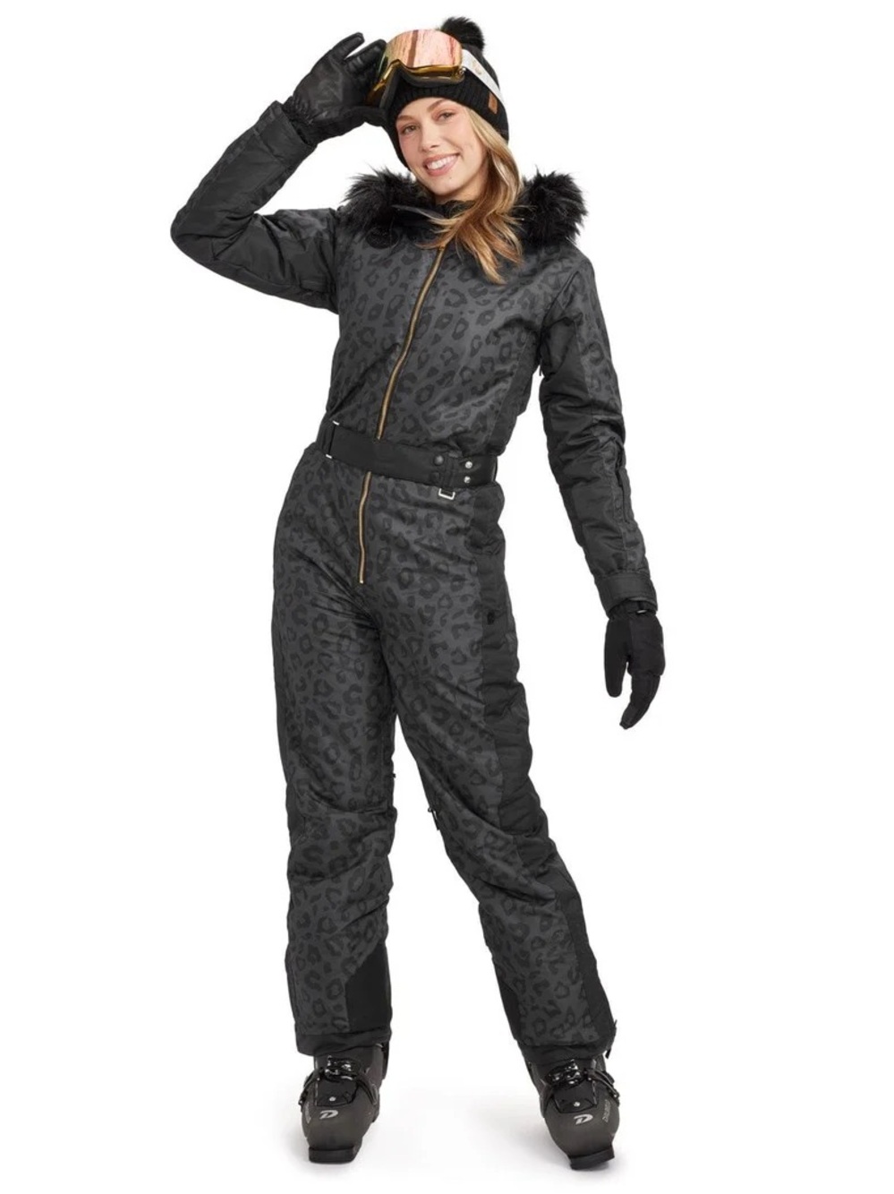 Tipsy Elves Black Leopard-Print Women's Ski Jumpsuit with Belt